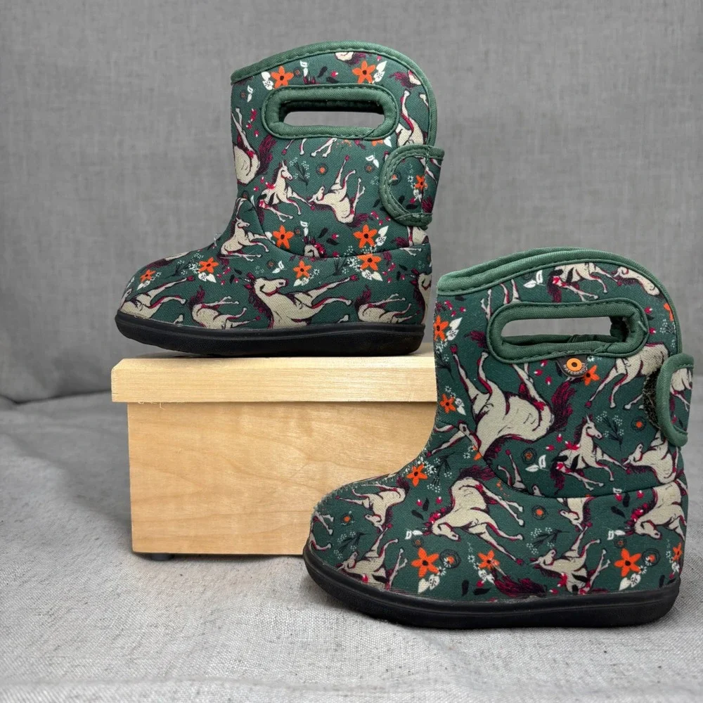 Bogs Baby Boots Green Unicorn Floral Waterproof Insulated Snow Rain Boots Size 6